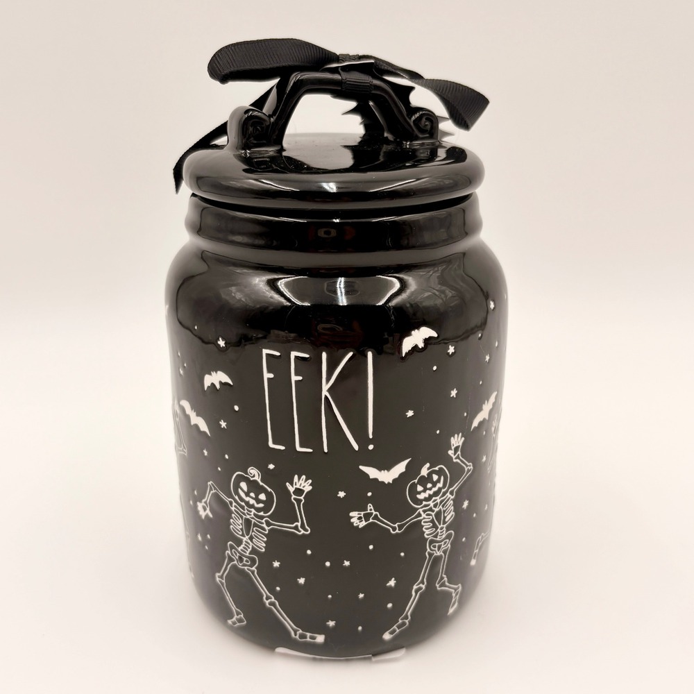 Rae Dunn EEK! Halloween Black Skeleton Pumpkin Head Ceramic Canister Jar NEW